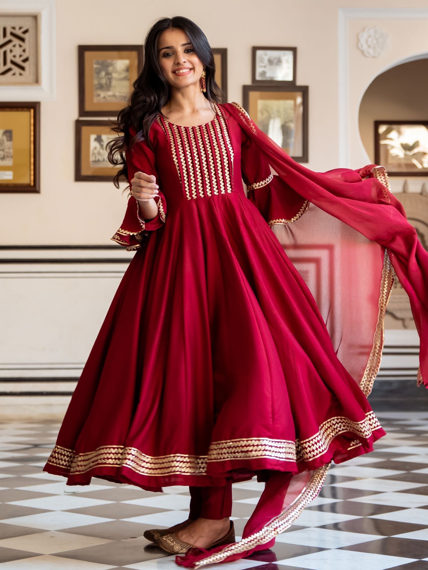 Maroon Silk Anarkali Dupatta Set