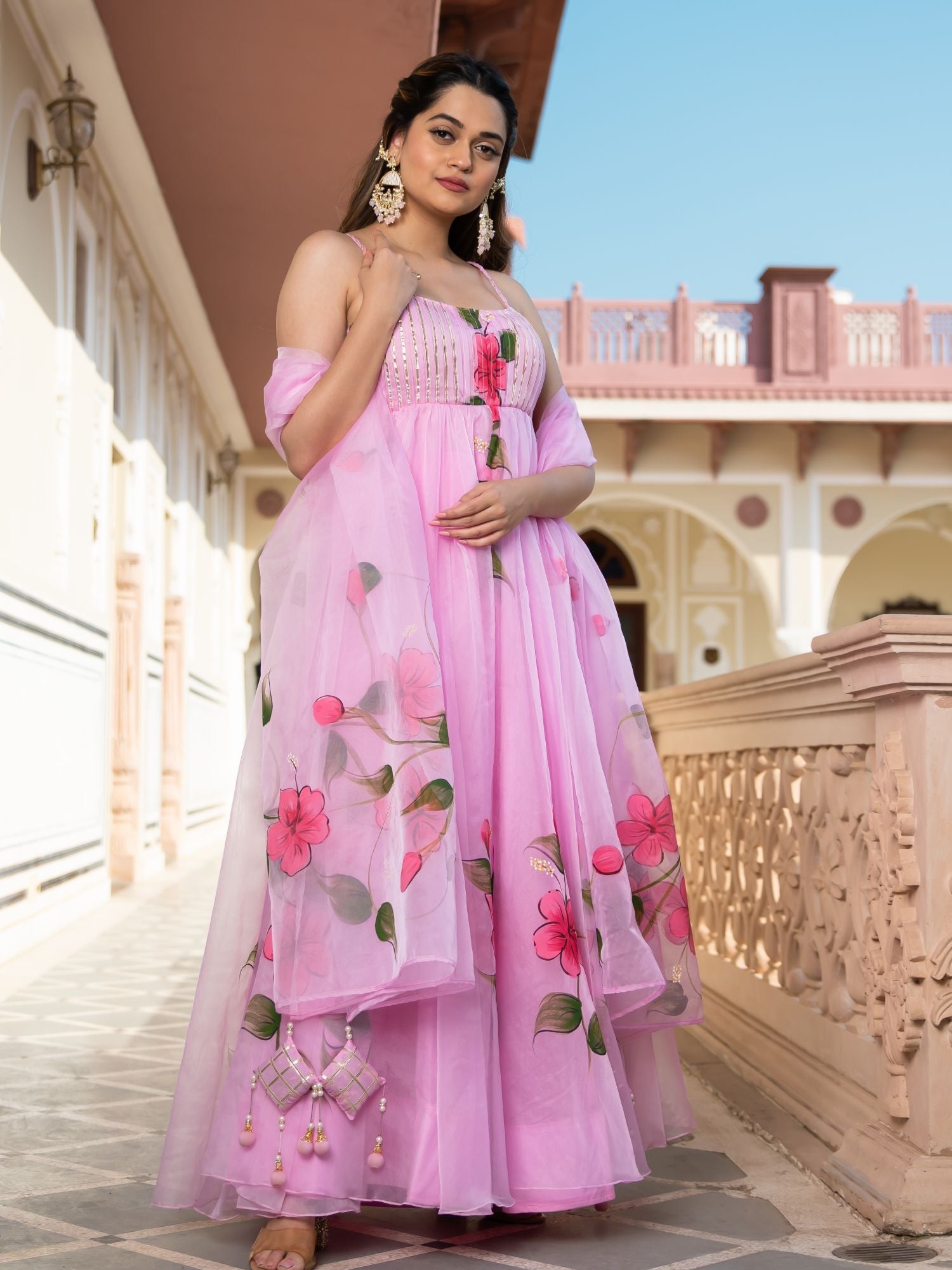 Pink Organza Anarkali Set