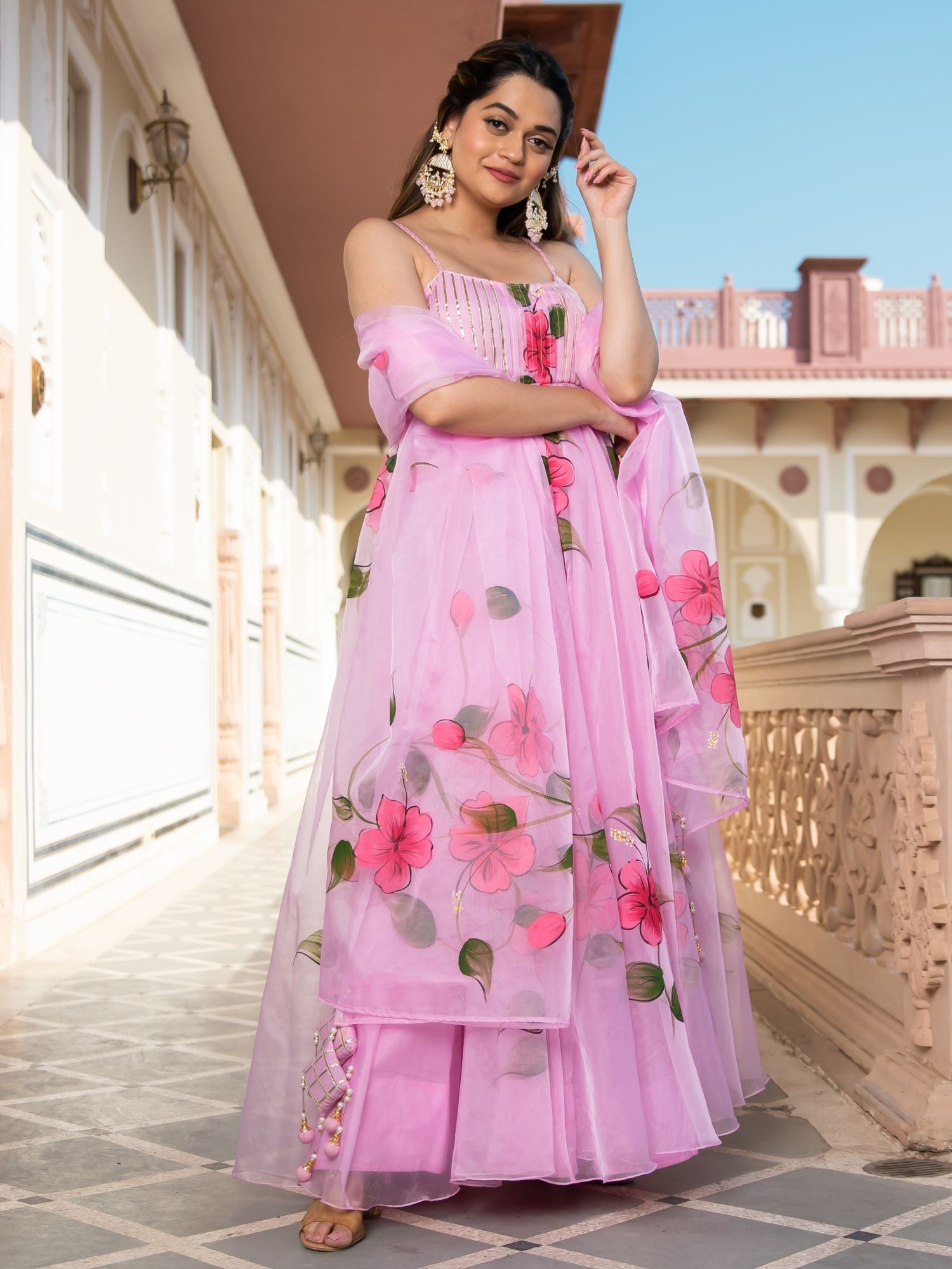 Pink Organza Anarkali Set