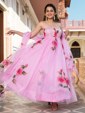 Pink Organza Anarkali Set