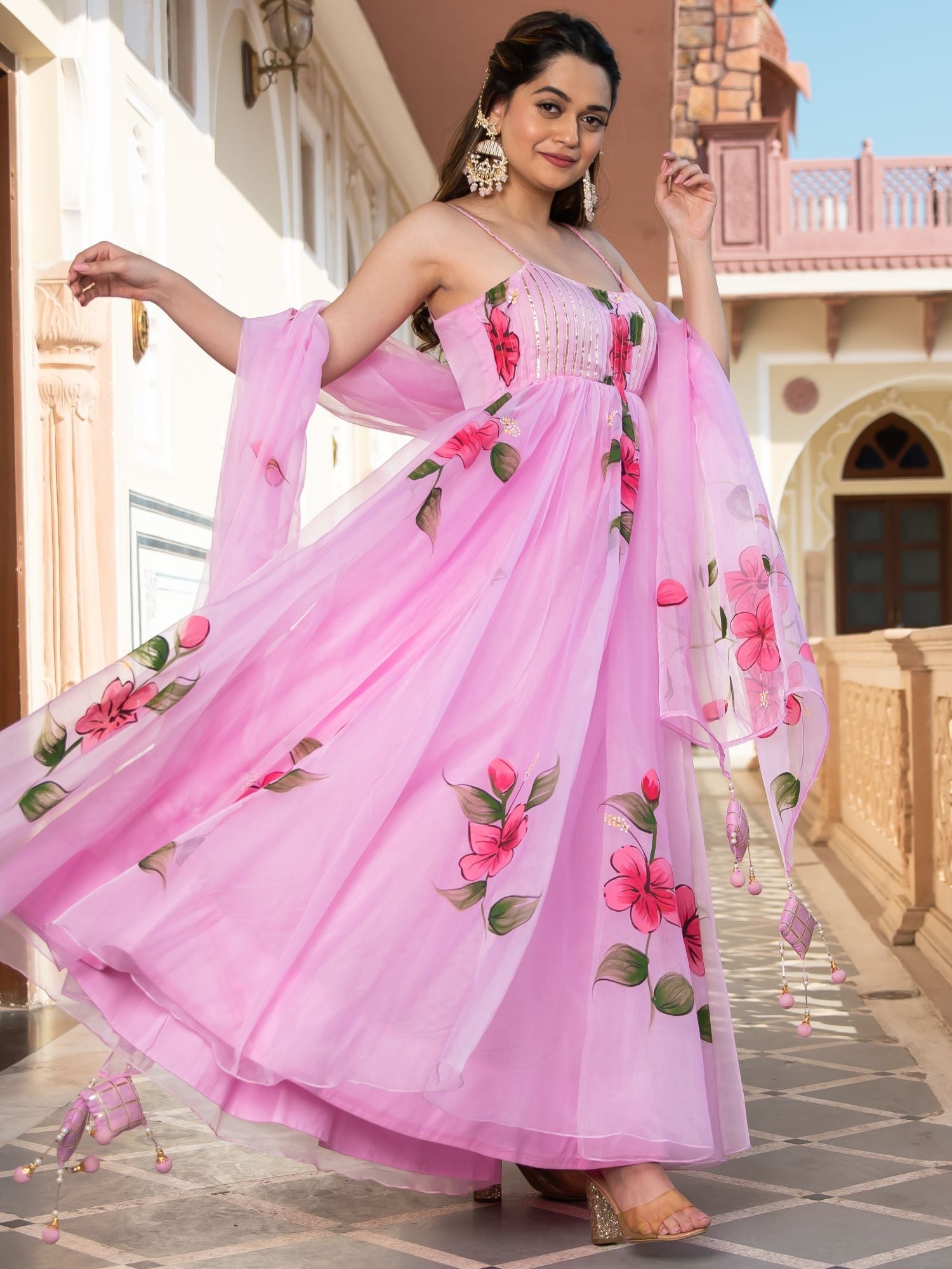 Pink Organza Anarkali Set