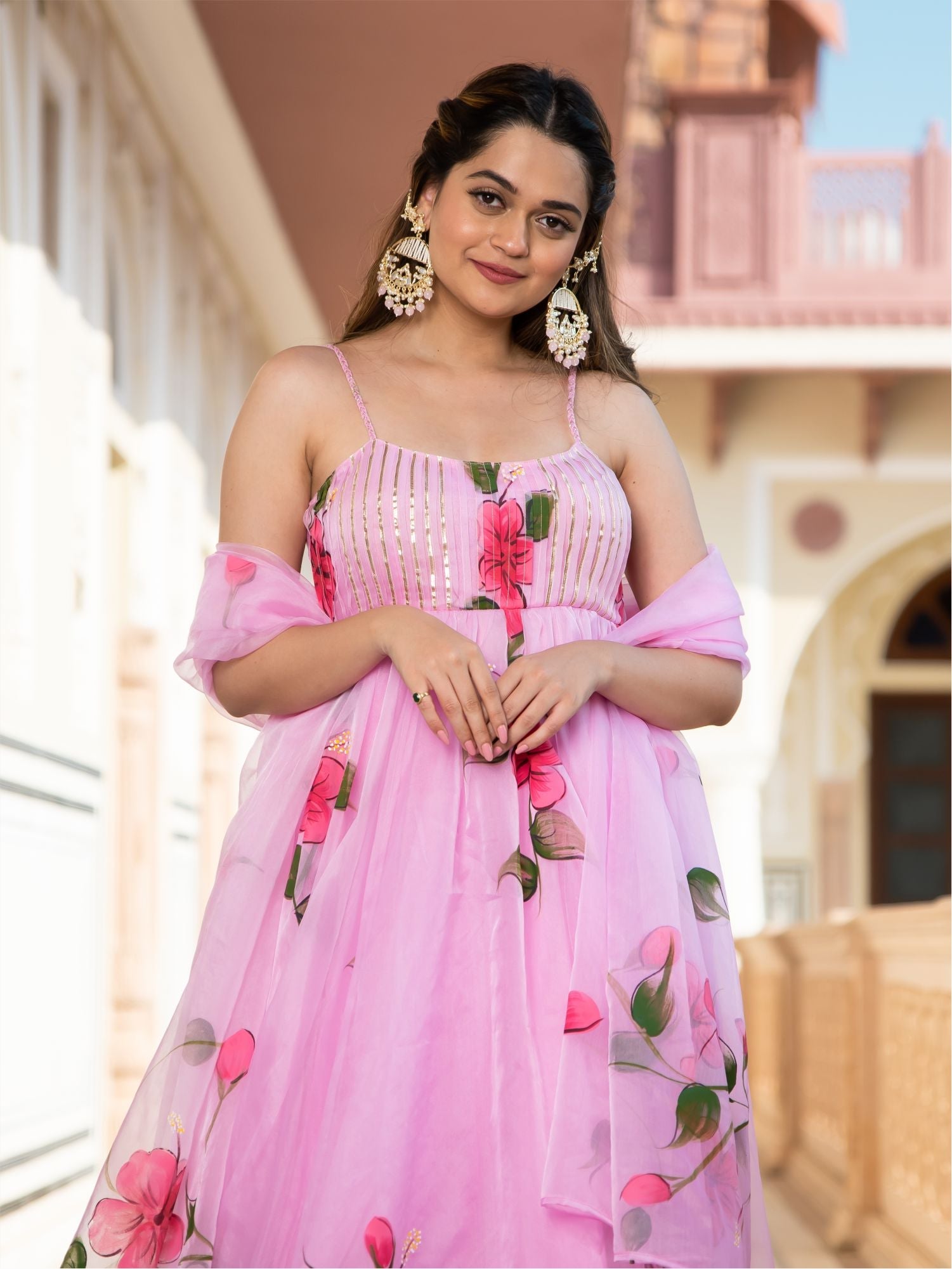 Pink Organza Anarkali Set