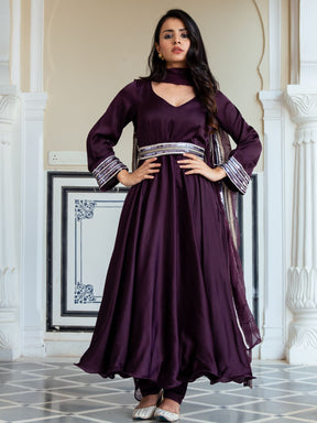 Wine Silk Anarkali With Dupatta