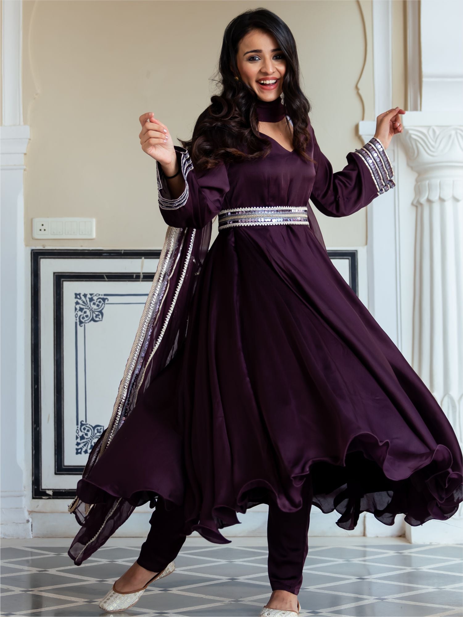 Wine Silk Anarkali With Dupatta