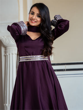 Wine Silk Anarkali With Dupatta