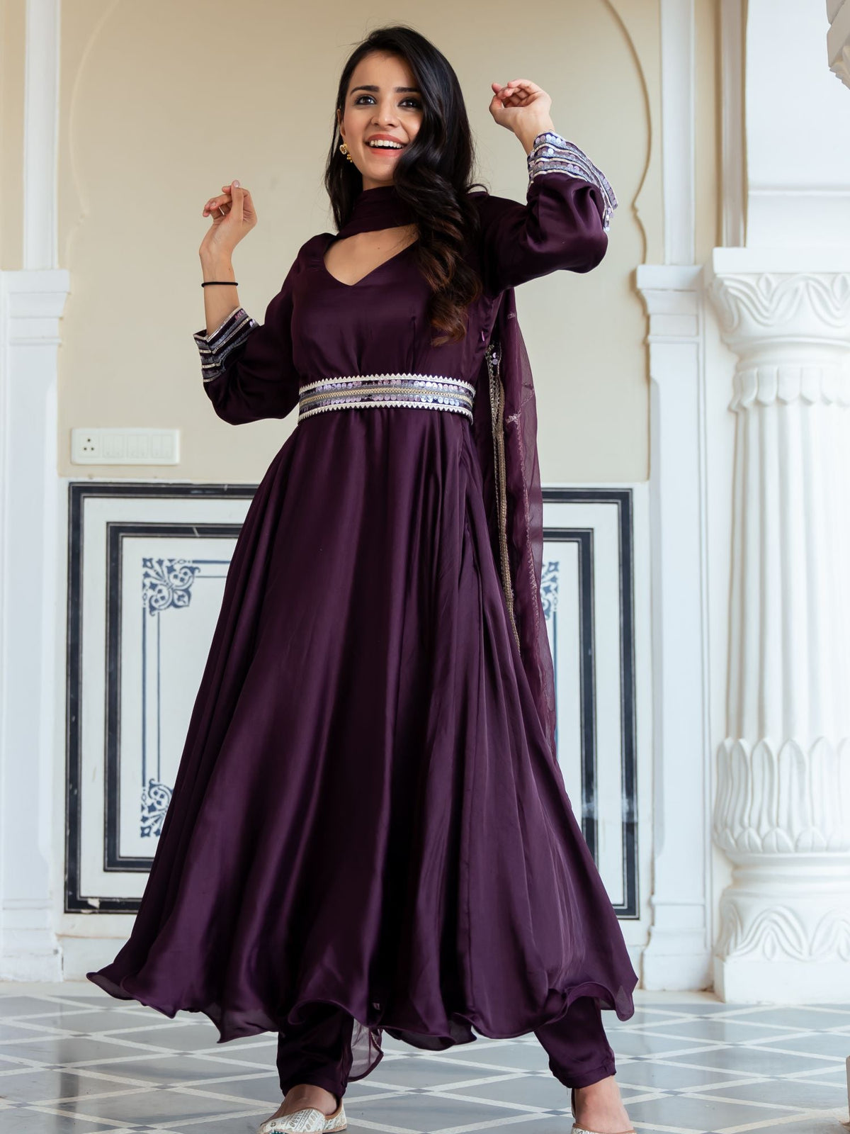 Wine Silk Anarkali With Dupatta