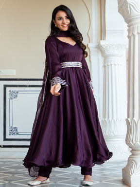 Wine Silk Anarkali With Dupatta