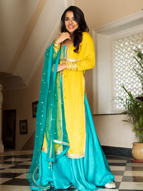 Yellow Aqua Silk Suit Set