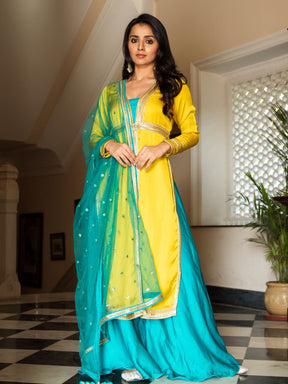 Yellow Aqua Silk Suit Set