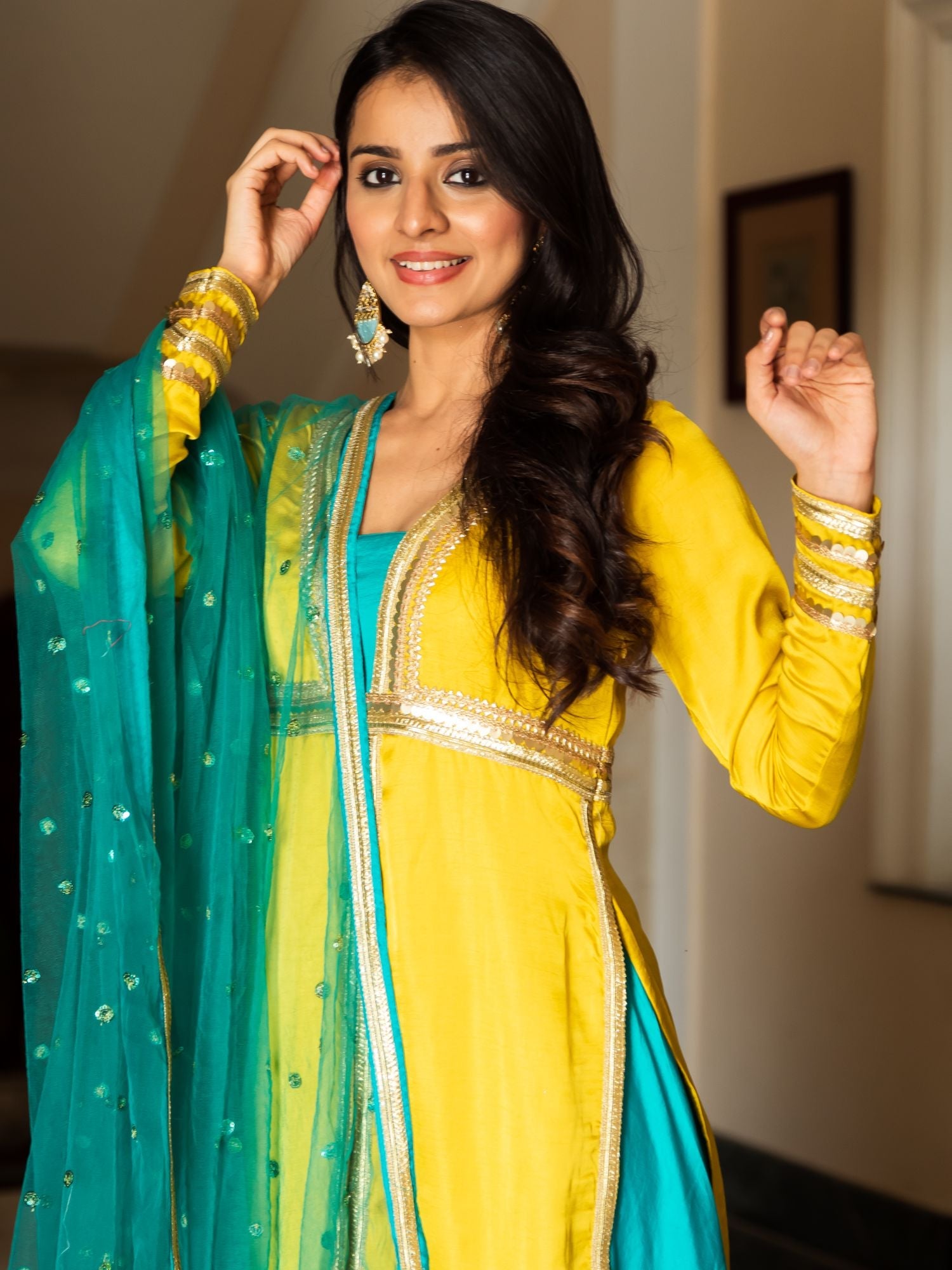 Yellow Aqua Silk Suit Set