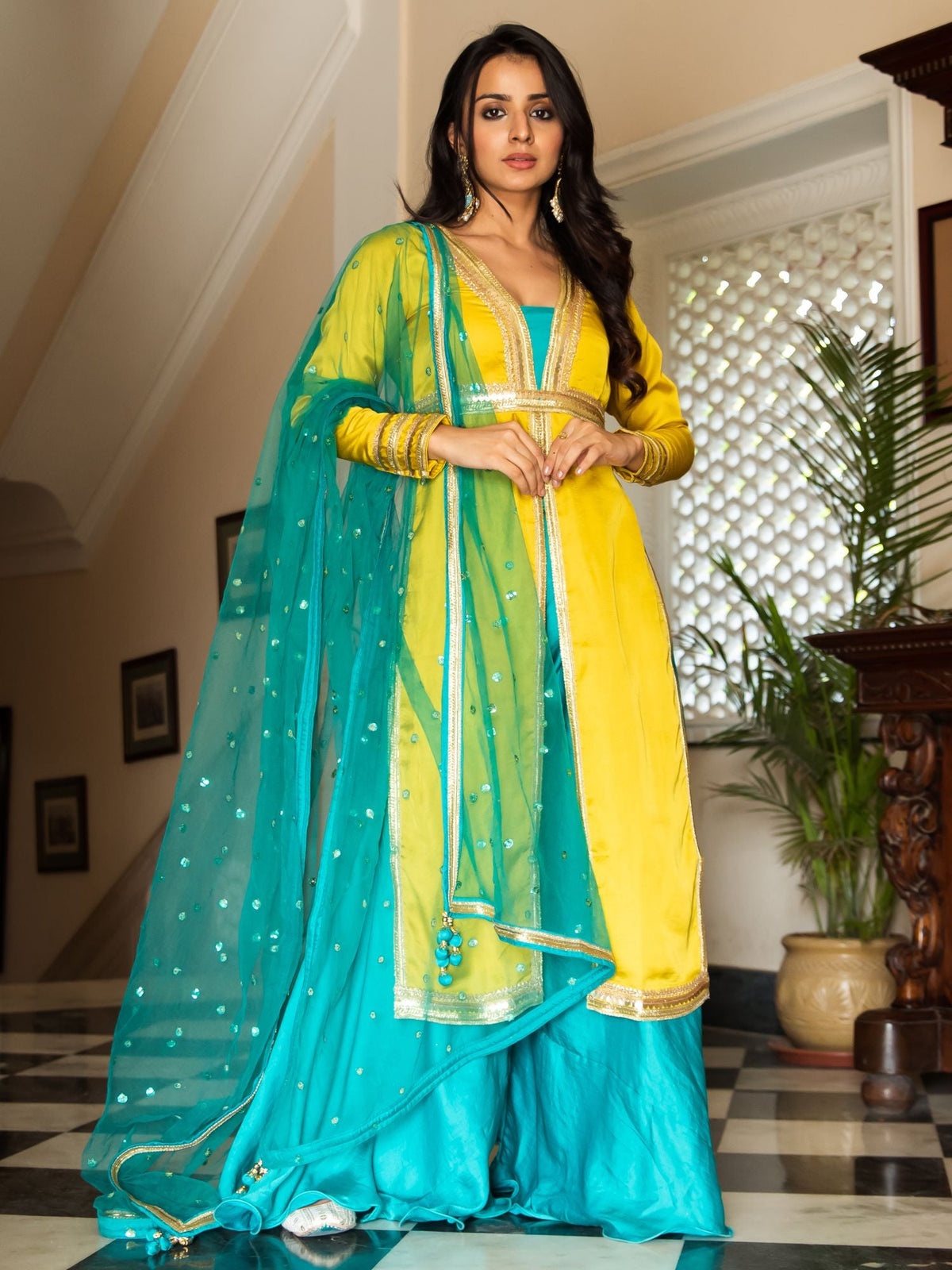 Yellow Aqua Silk Suit Set