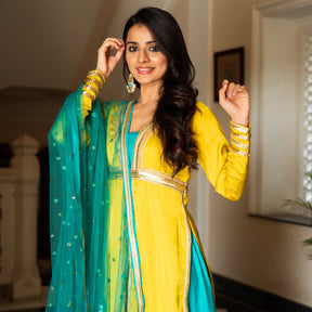 Yellow Aqua Silk Suit Set