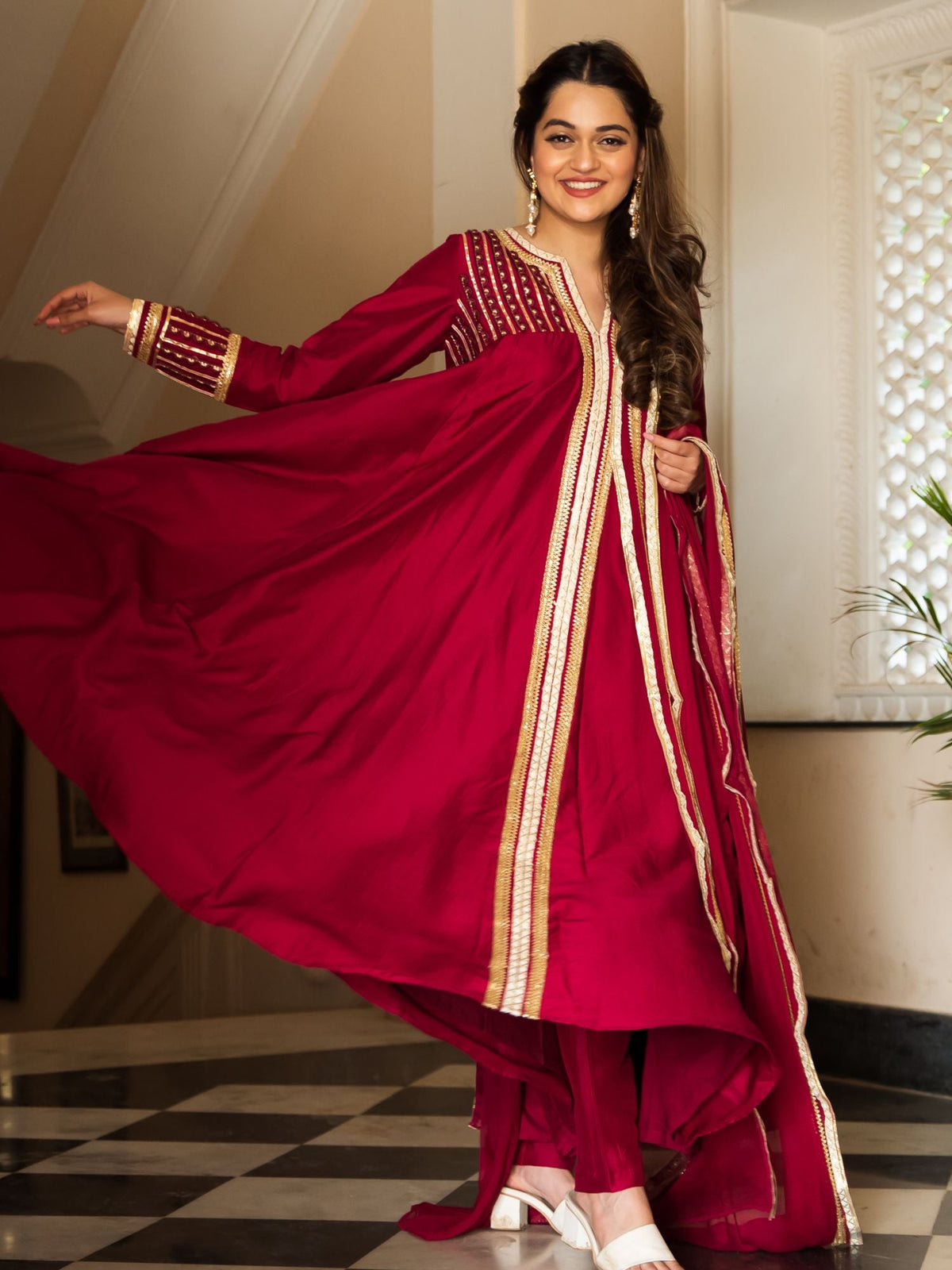 Maroon Silk Long Anarkali Set