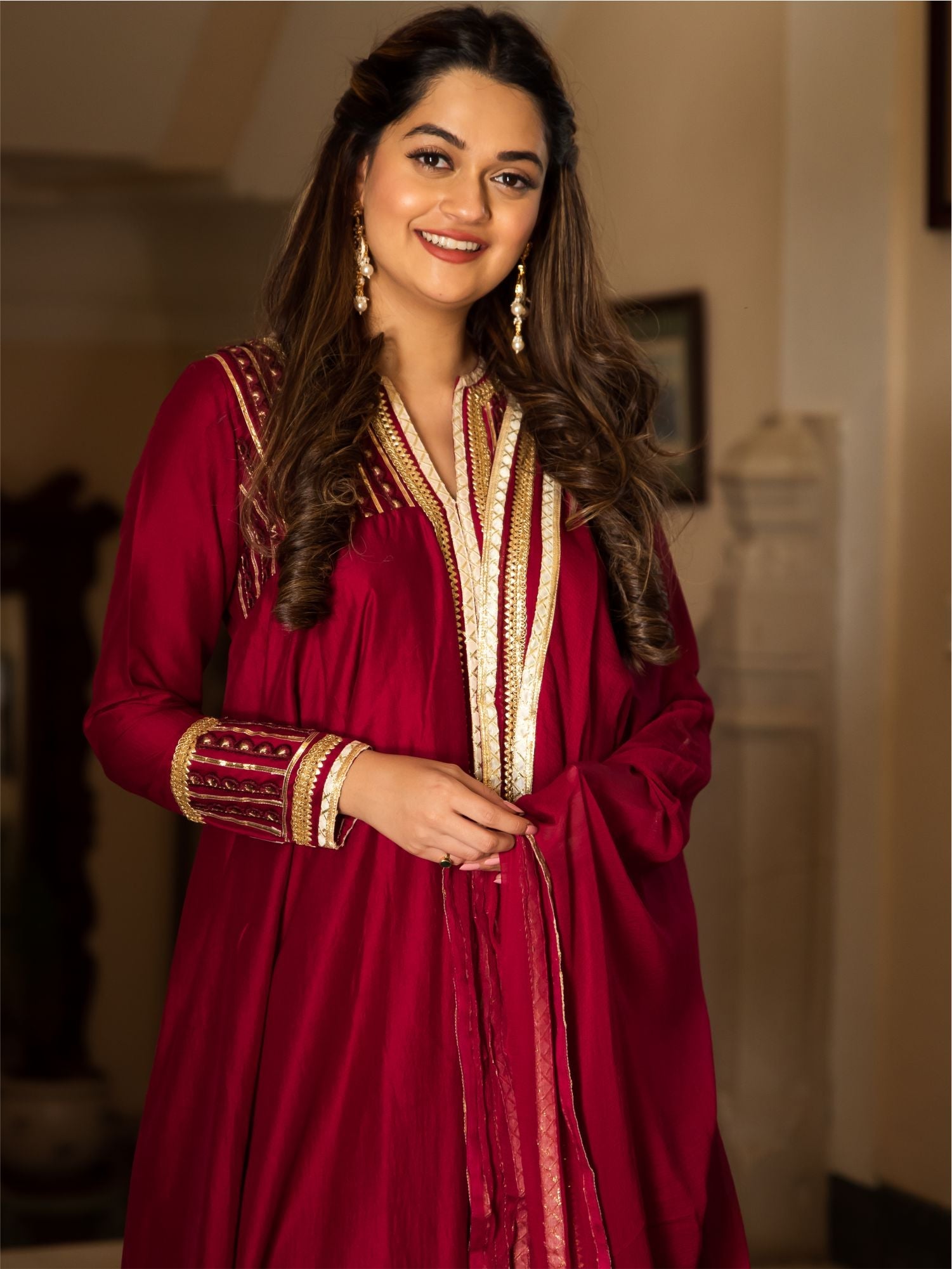 Maroon Silk Long Anarkali Set