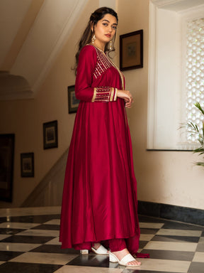 Maroon Silk Long Anarkali Set