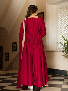 Maroon Silk Long Anarkali Set