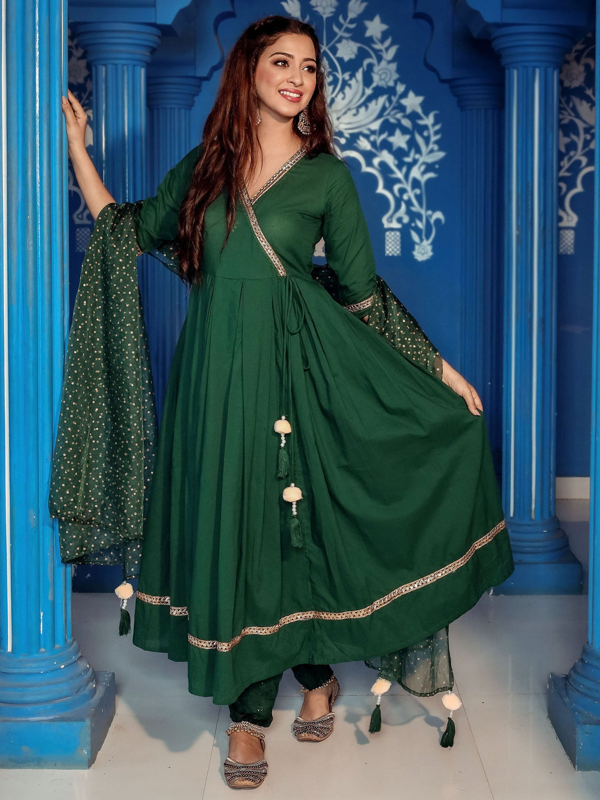 Green Angrakha Style Kurta Pant Set