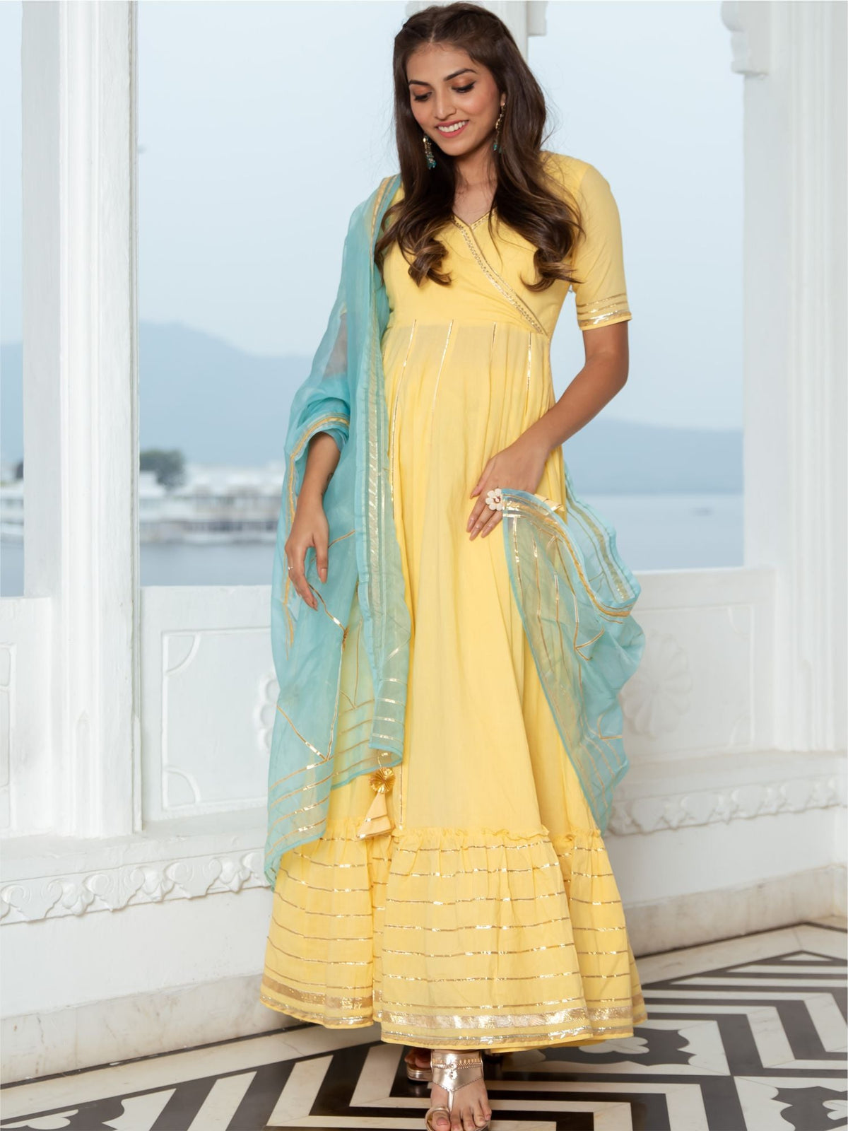 Lemon Yellow Cotton Flared Anarkali With Dupatta