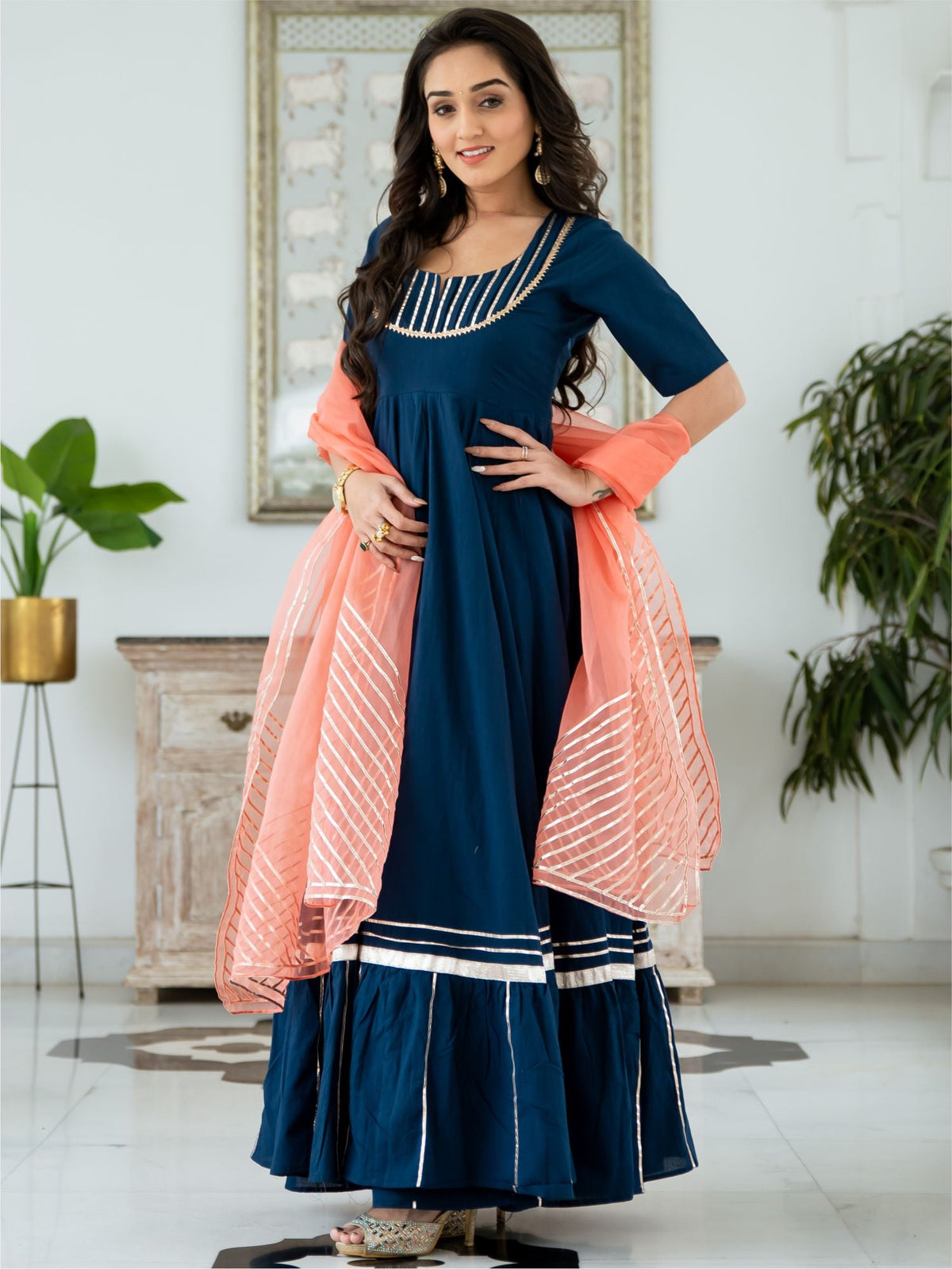 Blue Cotton Anarkali With Dupatta