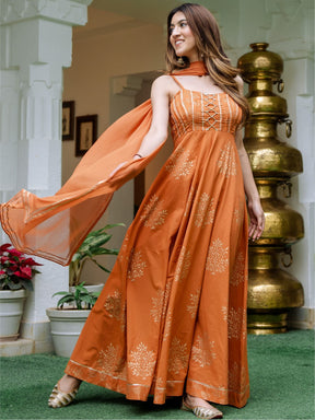 Mustard Cotton Printed Anarkali With Dupatta