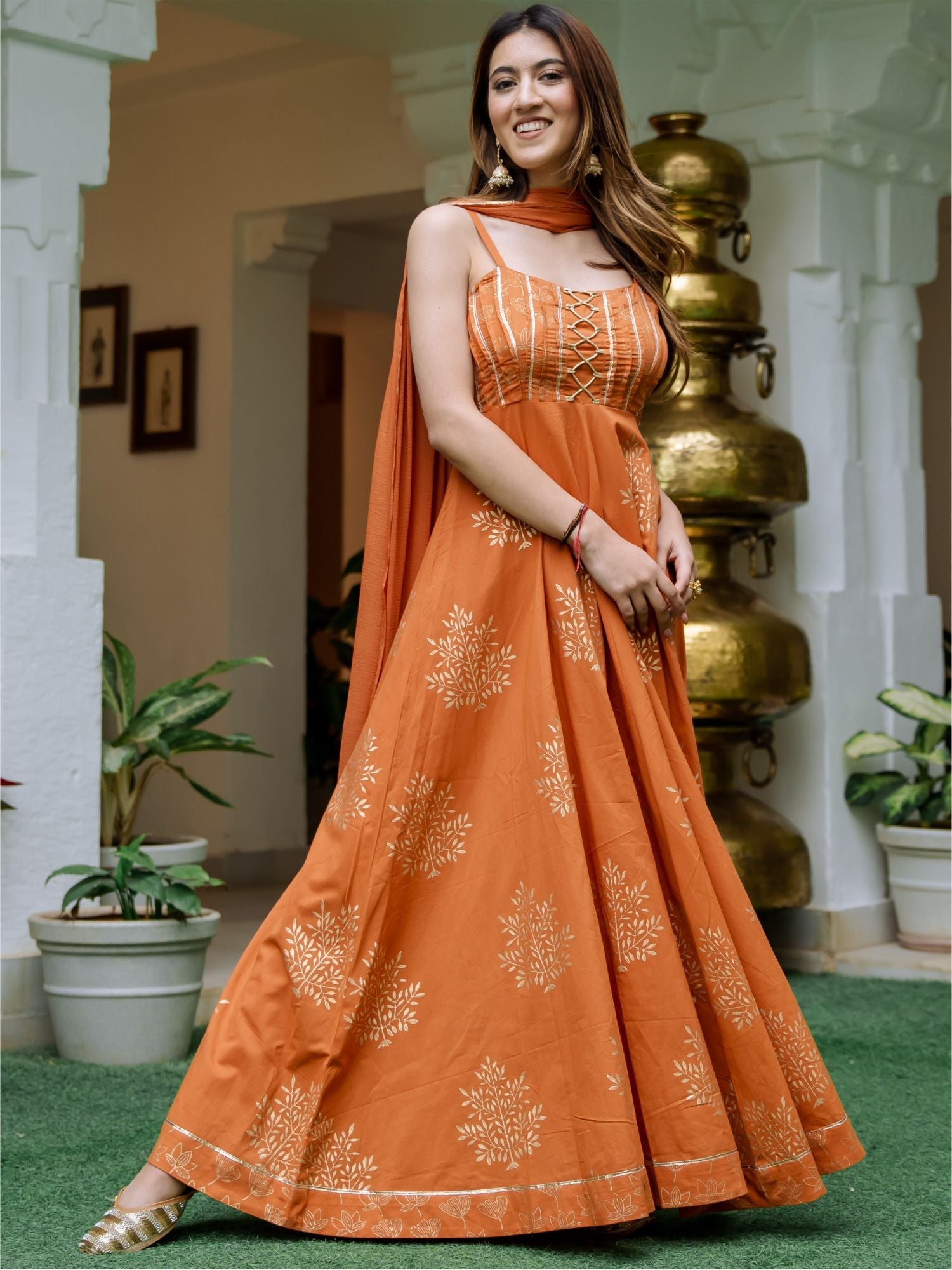 Mustard Cotton Printed Anarkali With Dupatta