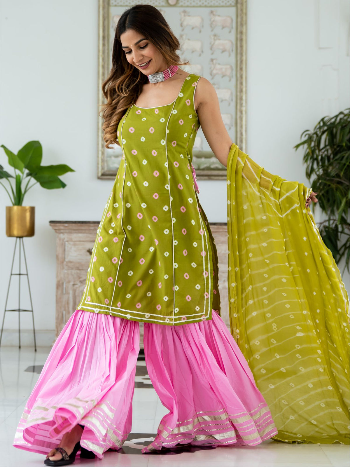 Bandhani Short Kurta and Sharara Set