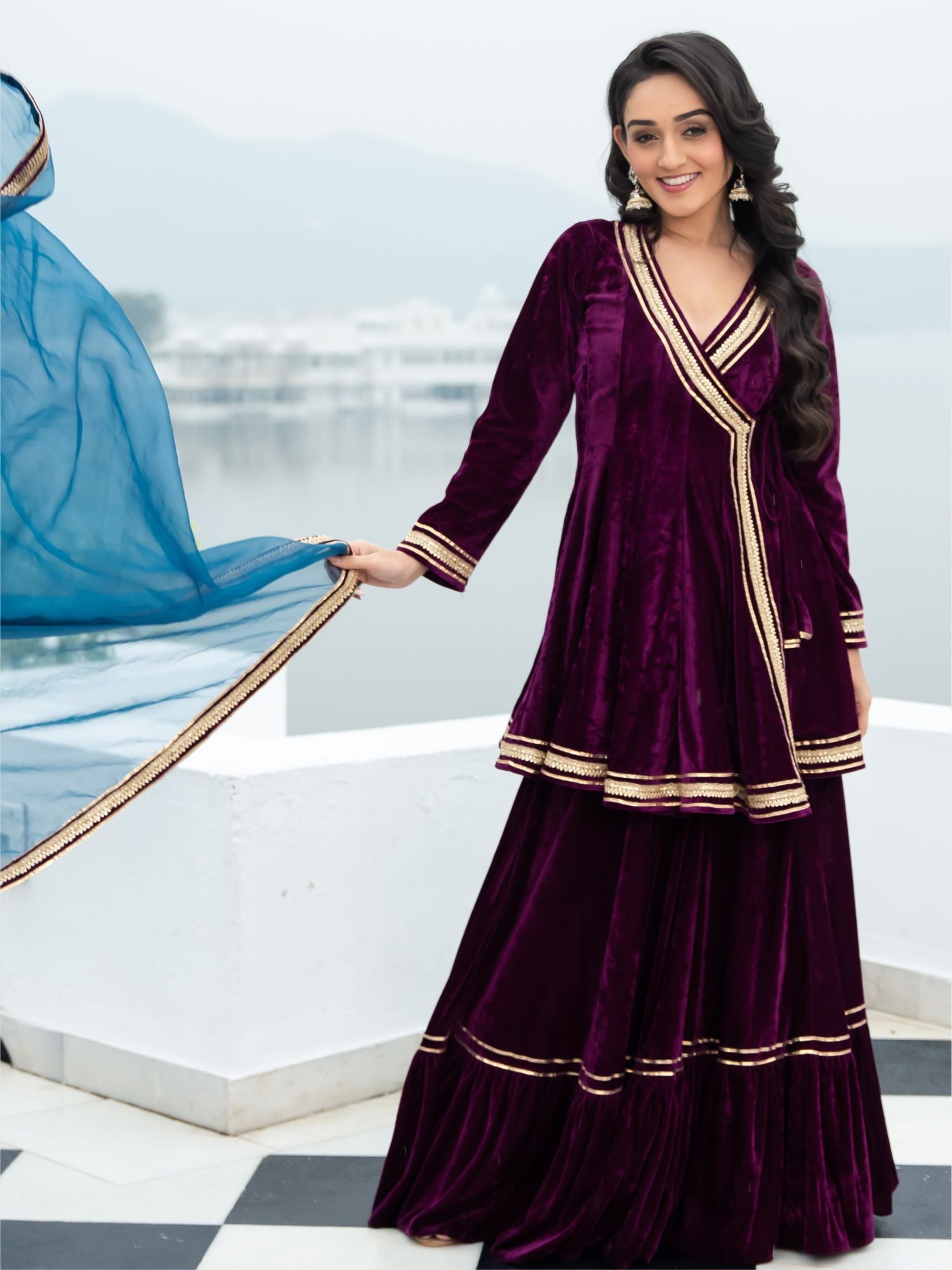 Velvet Magenta Angrakha Style Palazzo Set