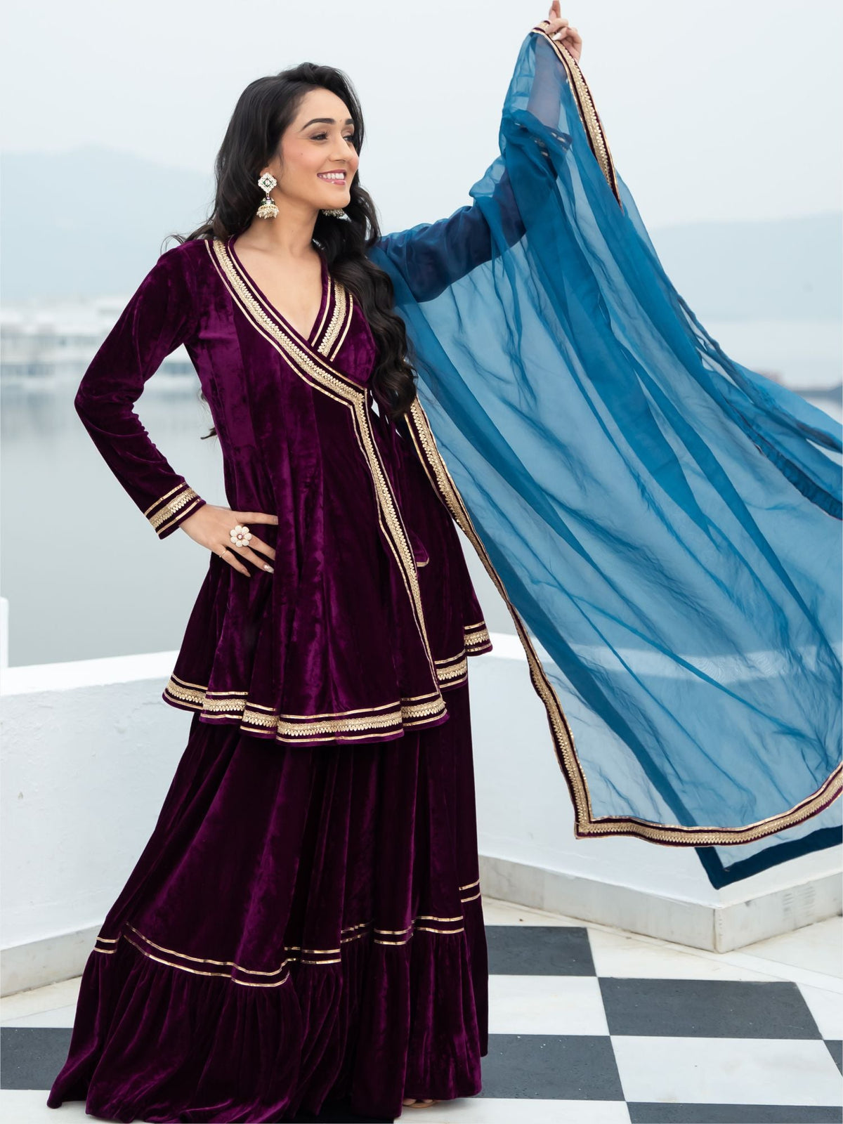 Velvet Magenta Angrakha Style Palazzo Set