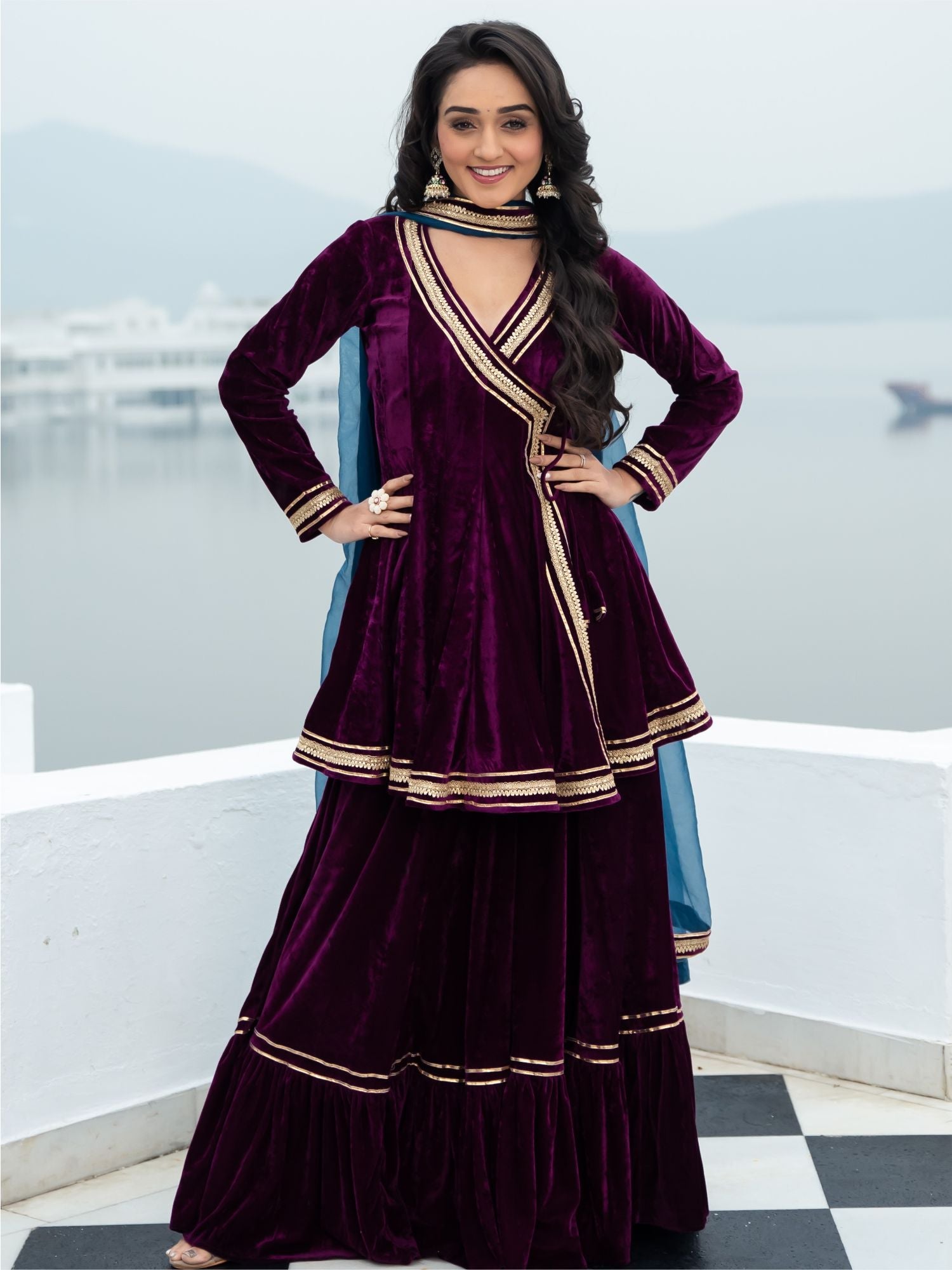 Velvet Magenta Angrakha Style Palazzo Set