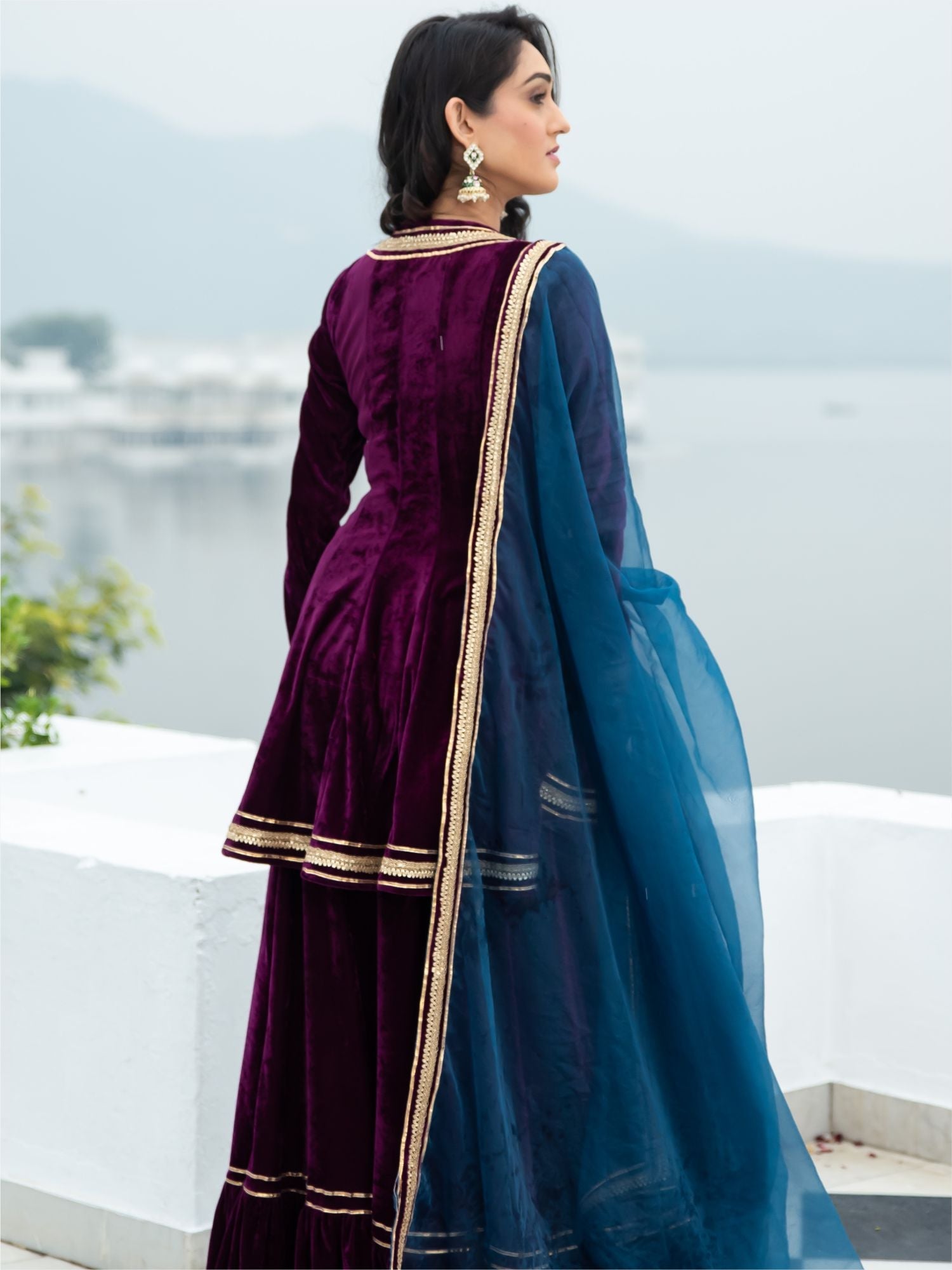 Velvet Magenta Angrakha Style Palazzo Set