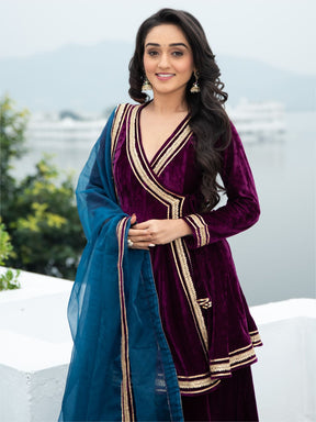 Velvet Magenta Angrakha Style Palazzo Set