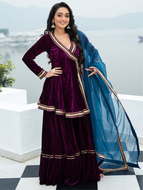 Velvet Magenta Angrakha Style Palazzo Set