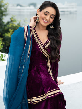 Velvet Magenta Angrakha Style Palazzo Set