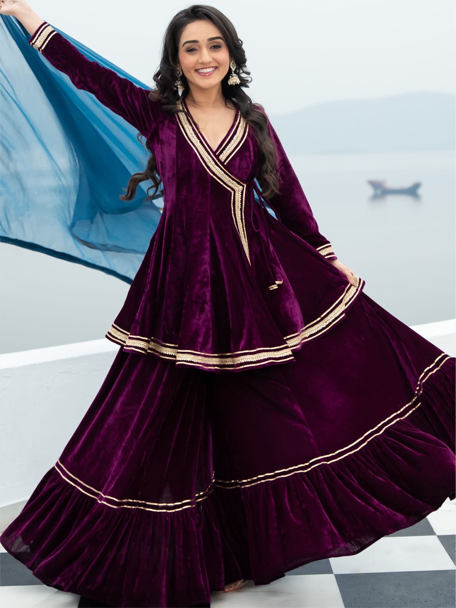 Velvet Magenta Angrakha Style Palazzo Set