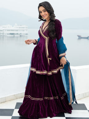 Velvet Magenta Angrakha Style Palazzo Set