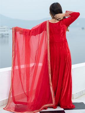 Red Velvet Anarkali With Dupatta