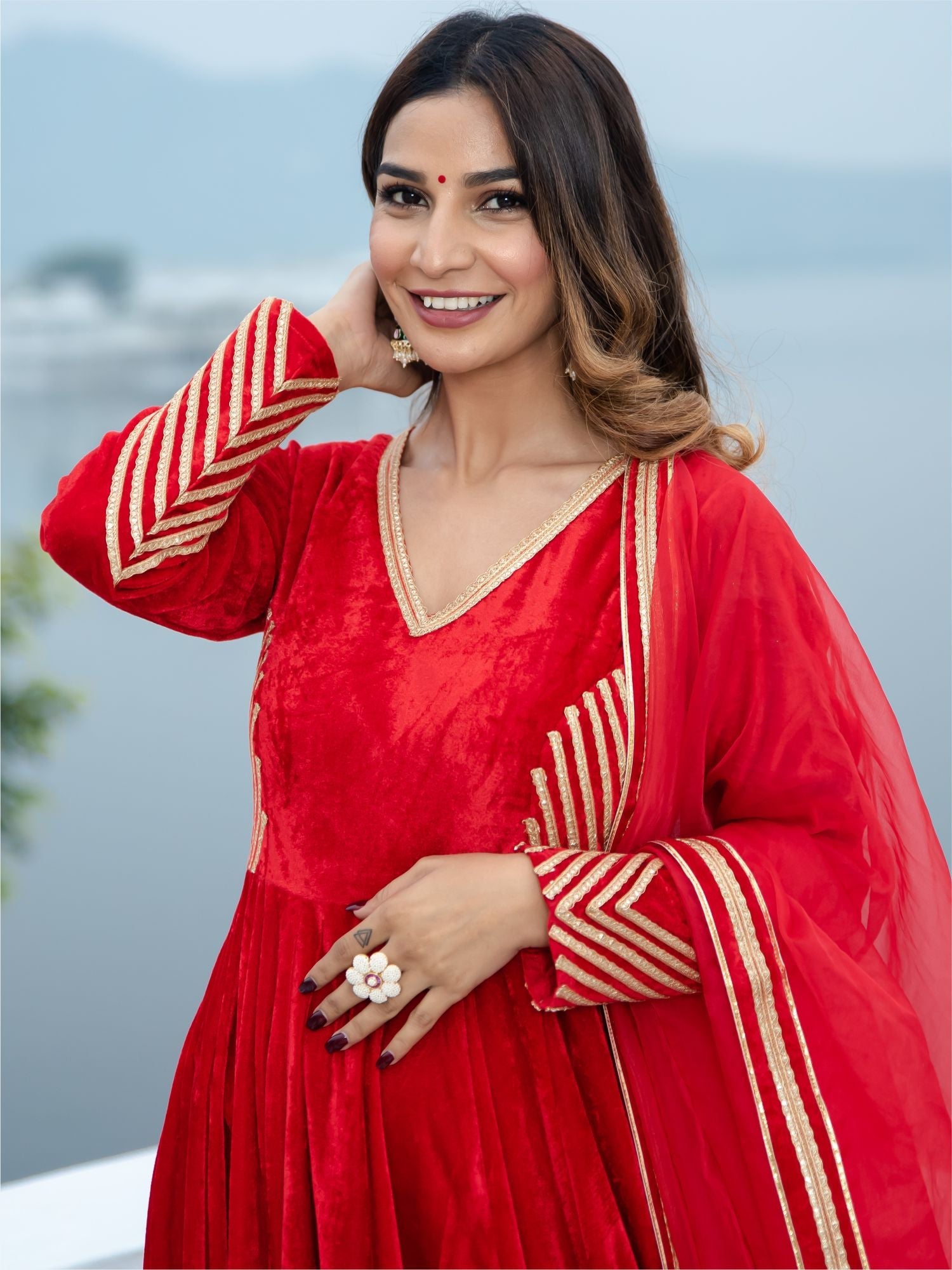 Red Velvet Anarkali With Dupatta