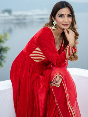 Red Velvet Anarkali With Dupatta