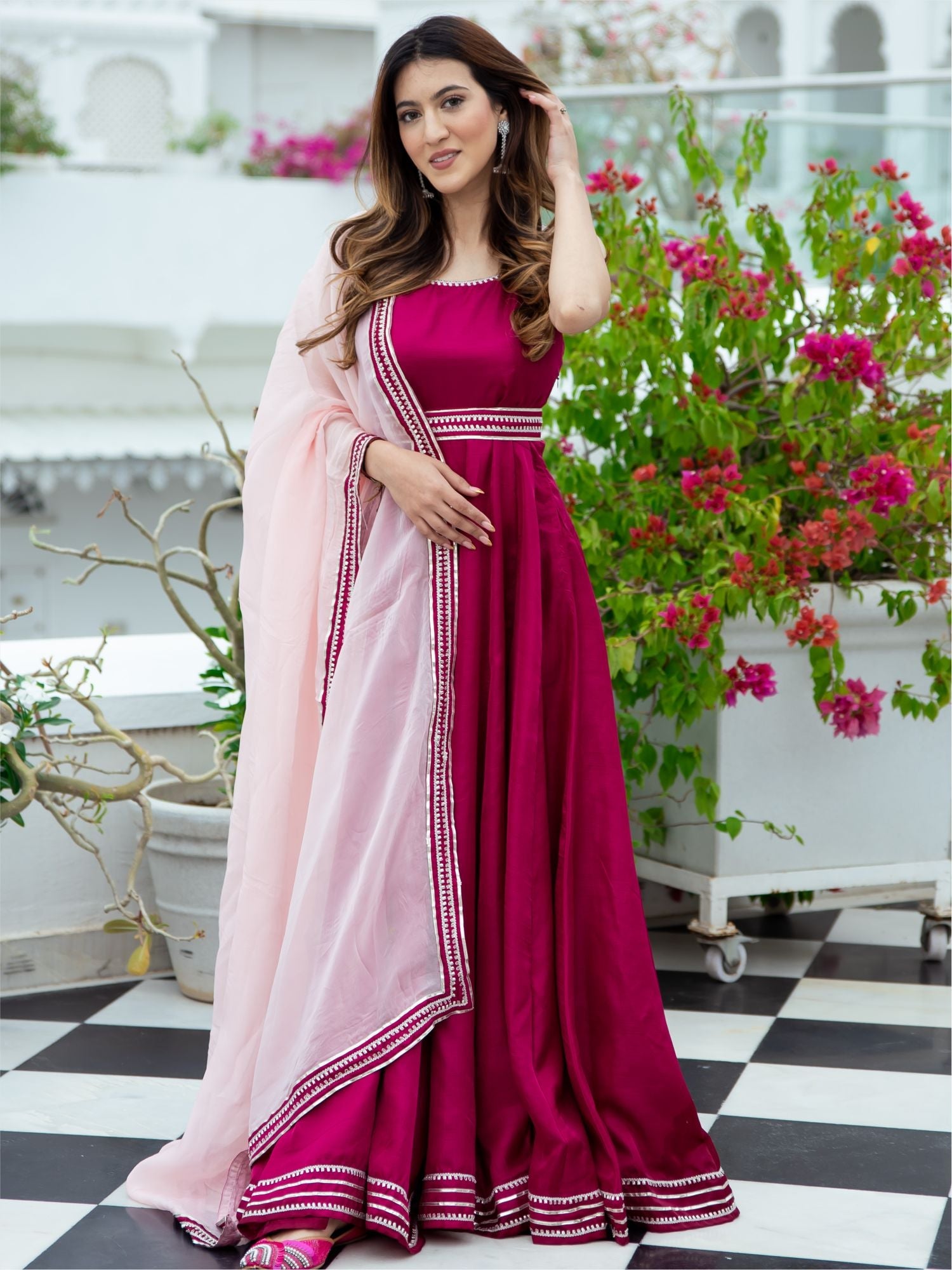 Pink Silk Long Dress With Dupatta