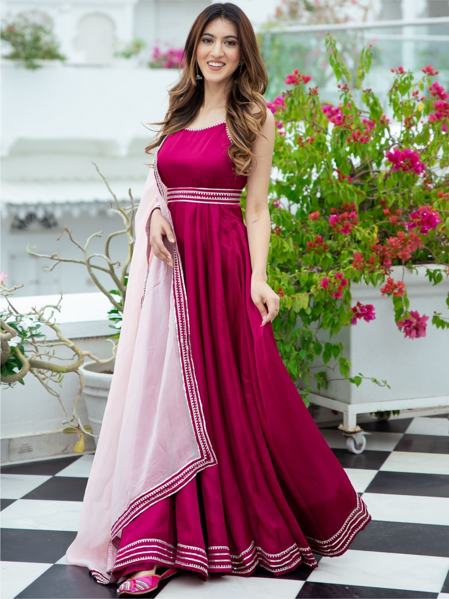 Pink Silk Long Dress With Dupatta