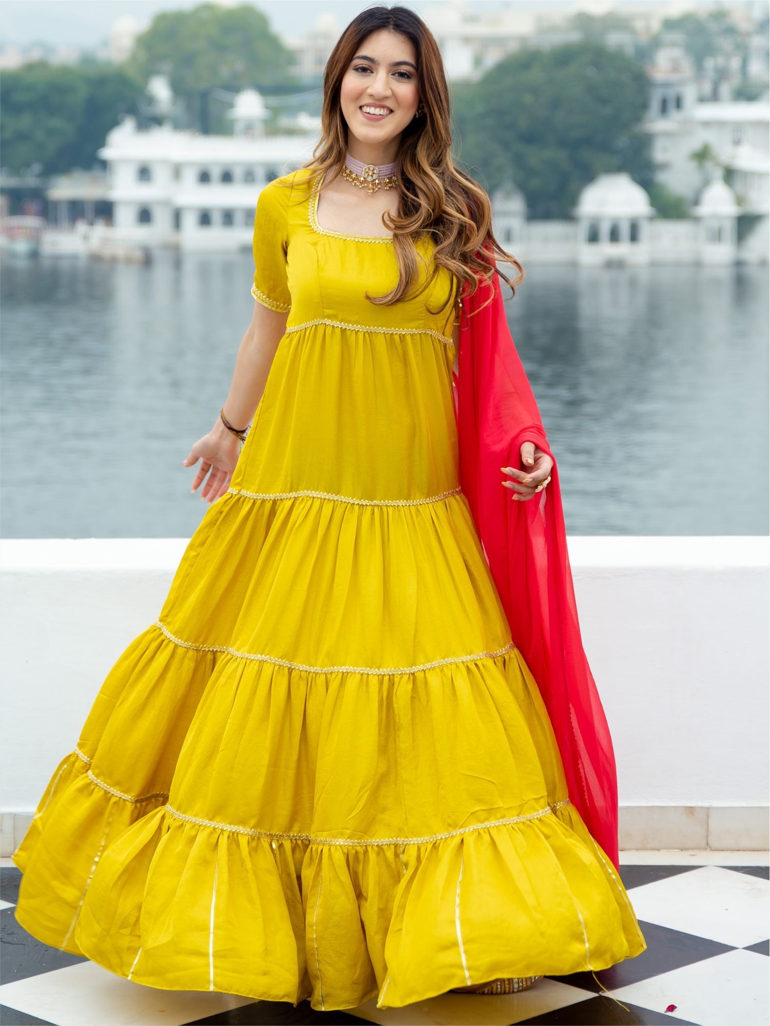 Yellow Silk Long Dress With Dupatta