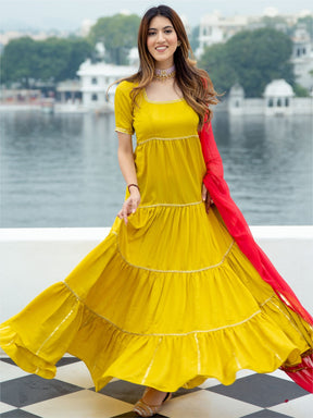 Yellow Silk Long Dress With Dupatta