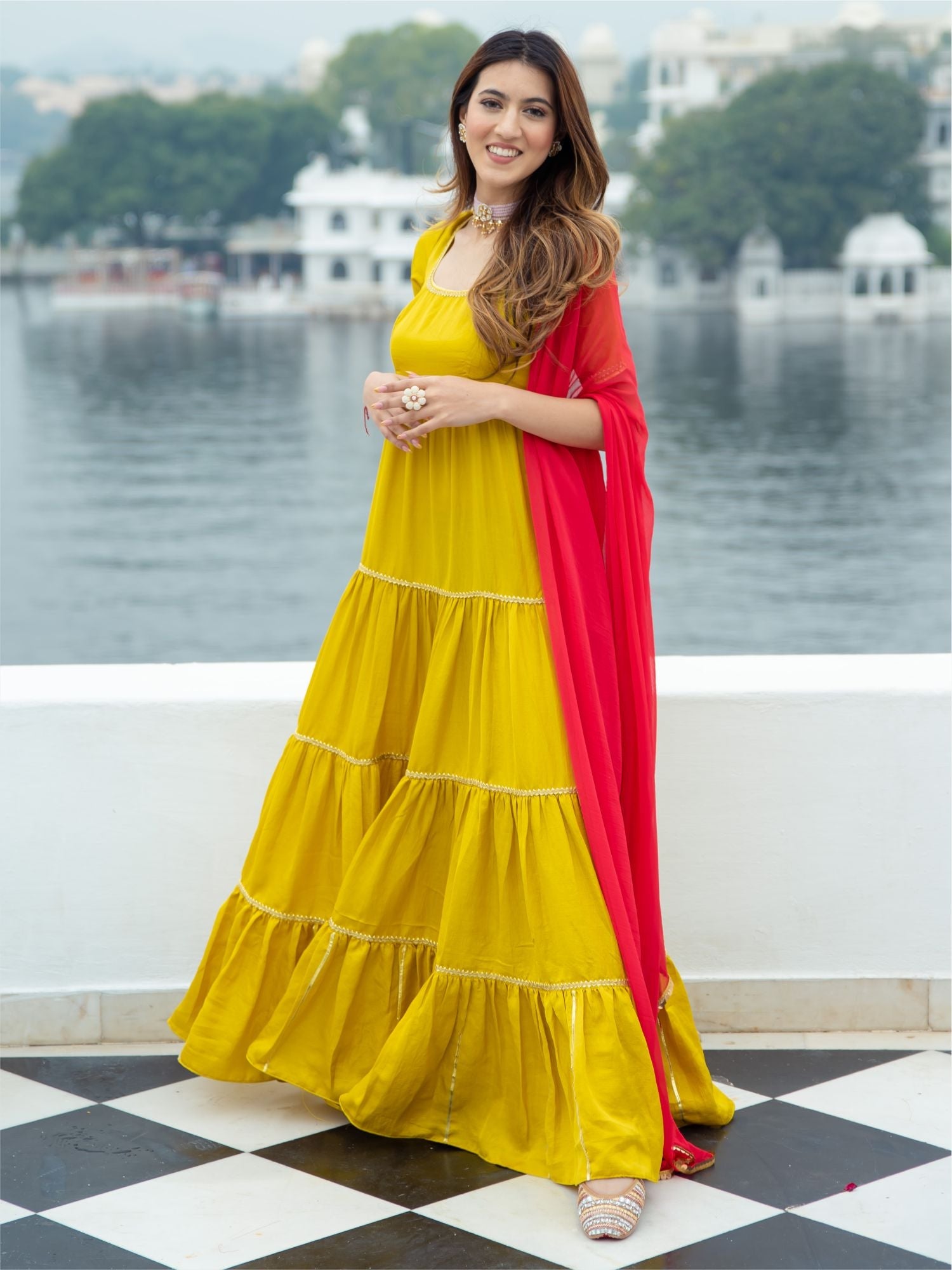 Yellow Silk Long Dress With Dupatta