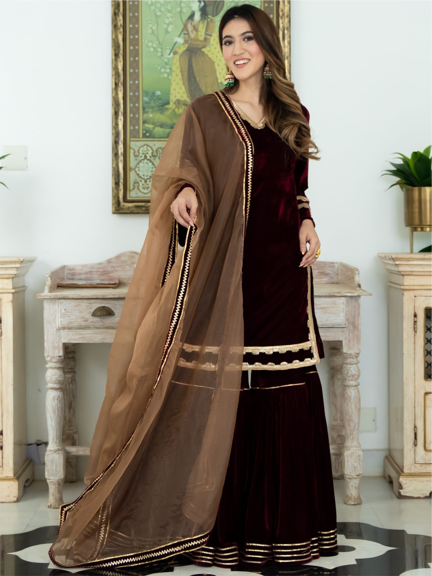 Wine Velvet Kurta and Sharara Set