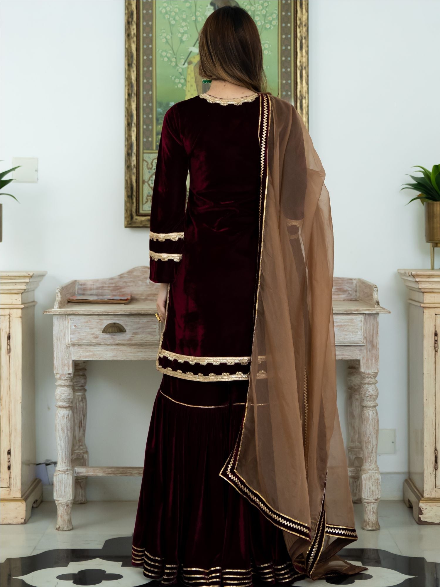 Wine Velvet Kurta and Sharara Set