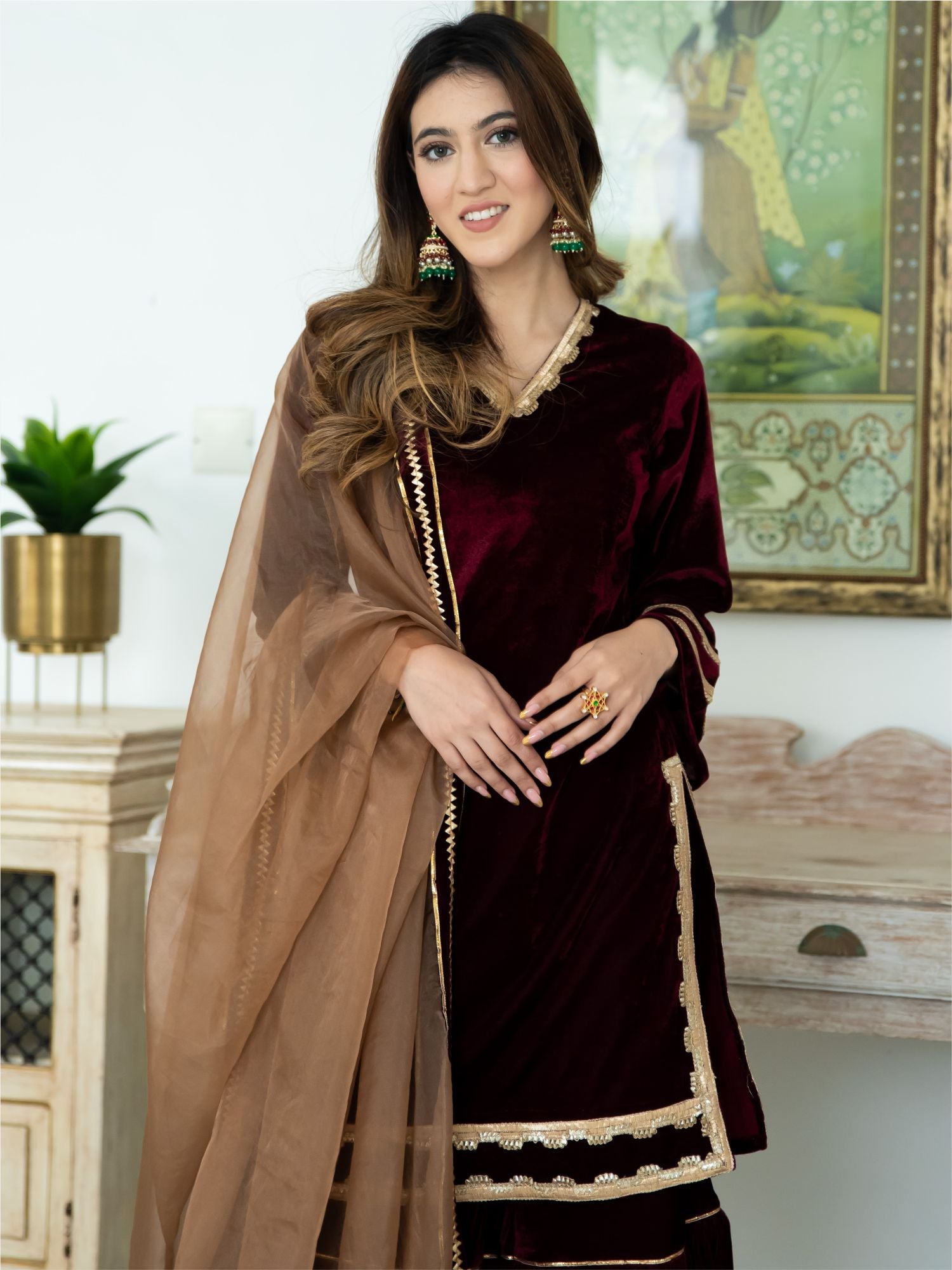 Wine Velvet Kurta and Sharara Set