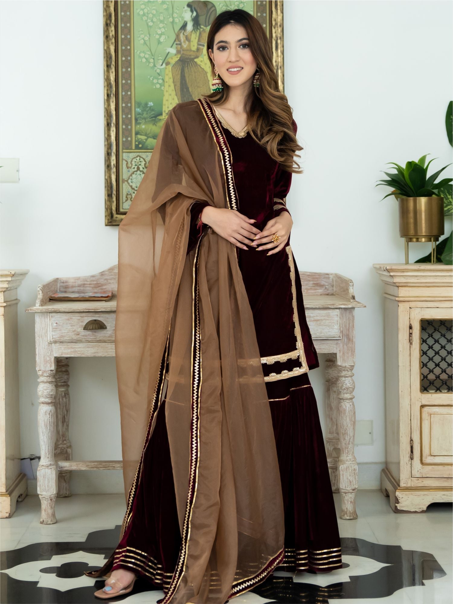 Wine Velvet Kurta and Sharara Set