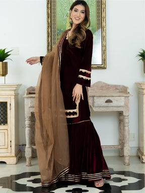 Wine Velvet Kurta and Sharara Set