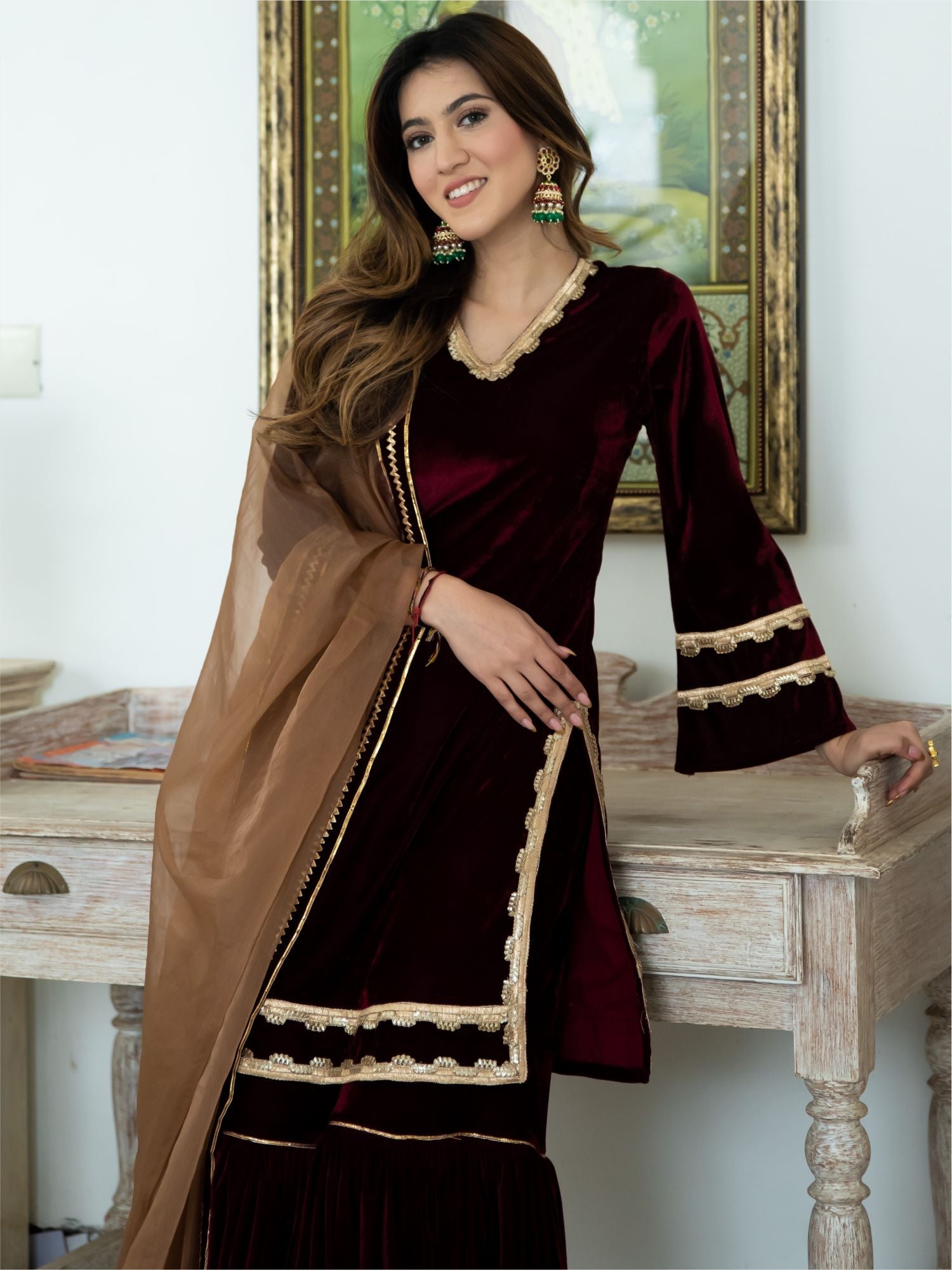 Wine Velvet Kurta and Sharara Set