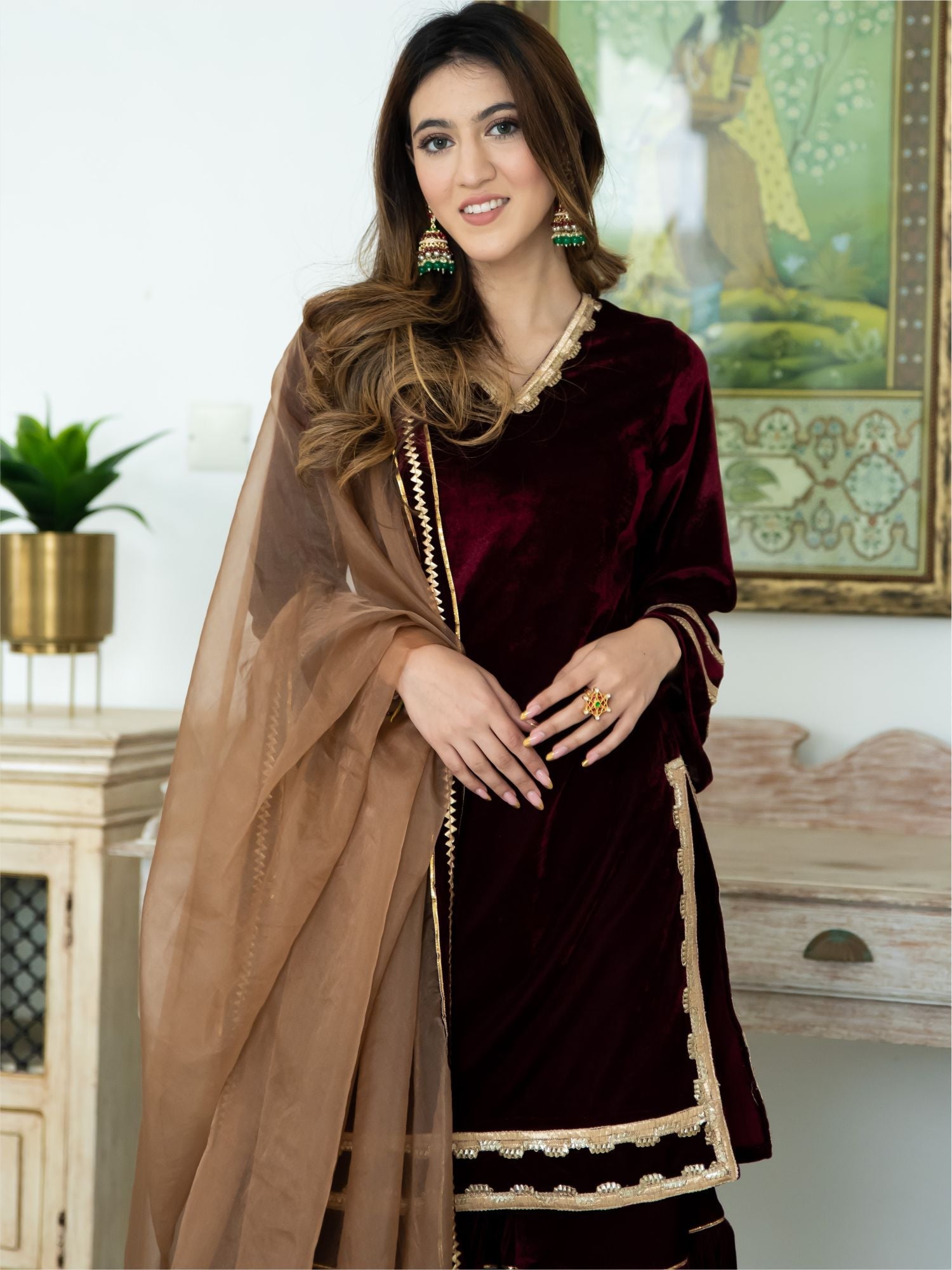 Wine Velvet Kurta and Sharara Set